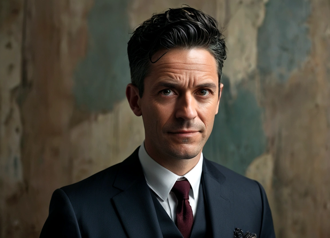A white man of approximately forty-five years old, short black hair,sarcastic laughter, Looking towards the camera, striking look, dressed in a tailored suit against an apocalyptic backdrop.