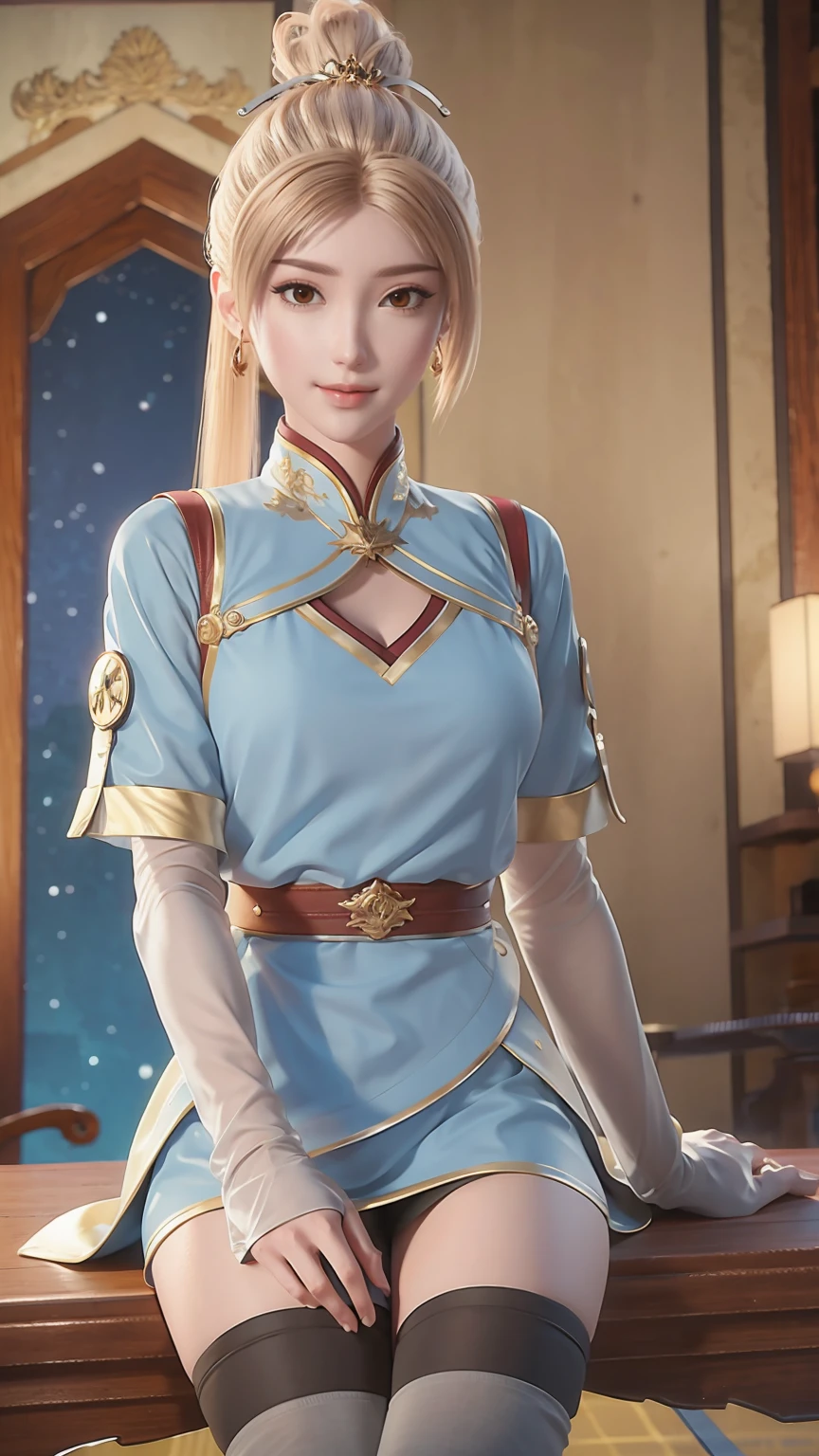 2D, masterpiece, best quality, Japanese cartoons, Highly detailed face, Very detailed eyes, Very detailed background, Perfect lighting, Cowboy shooting, 1 Girl, Solitary, Aki Rosenthal, Collared dress, Short skirt, Short sleeve, Blue Jacket, Black over-the-knee stockings, Hair loss, Long hair, Low double ponytail, Bob Cut, tie, hat, White gloves, Elbow gloves, Wide hips, Smile, permanent, Spacecraft interior