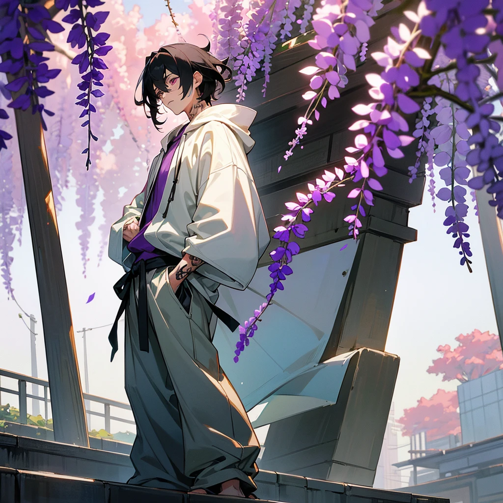 1male,  adult, finely detailed plum eyes, wild medium hair, two tone hair, black hair color, seashell white hair color, oversized hoodie, baggy pants, standing on building, day time, tokyo streets, calm expression, muscular, tattoos, wisteria flowers