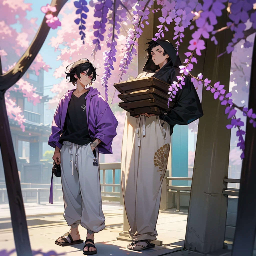 1male, adult, finely detailed plum eyes, wild medium hair, two tone hair, black hair color, seashell white hair color, oversized hoodie, baggy pants, standing on building, day time, tokyo streets, calm expression, muscular, tattoos, wisteria flowers