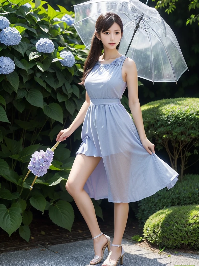 hydrangea、Hold an umbrella、dress、Standing posture、(Highest quality)), (Very detailed), ((Very detailed)), 4K, (8K), Highest quality, One person,Kind Face、Soft Light、RAW quality、Soft Skin、Heel、Thighs、163cm