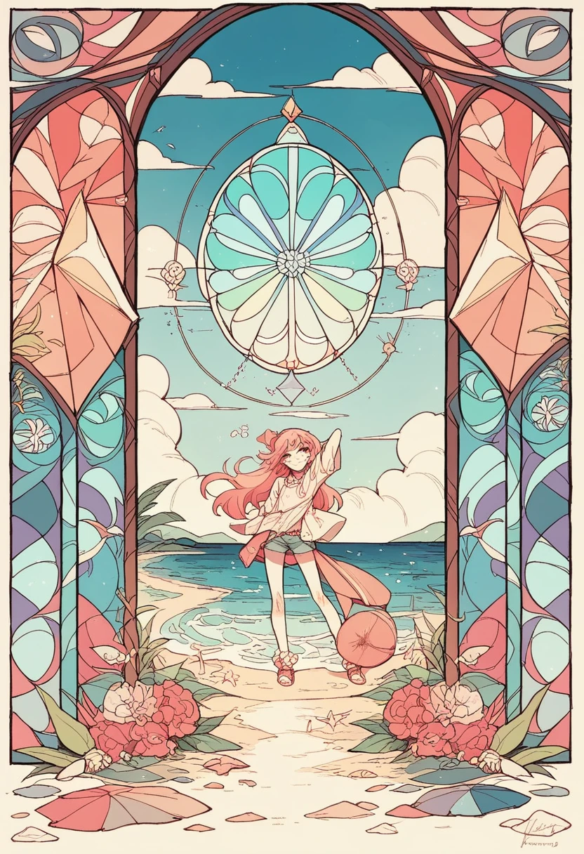 Stained glass image of a beach. black and white, pastel colors, no shade