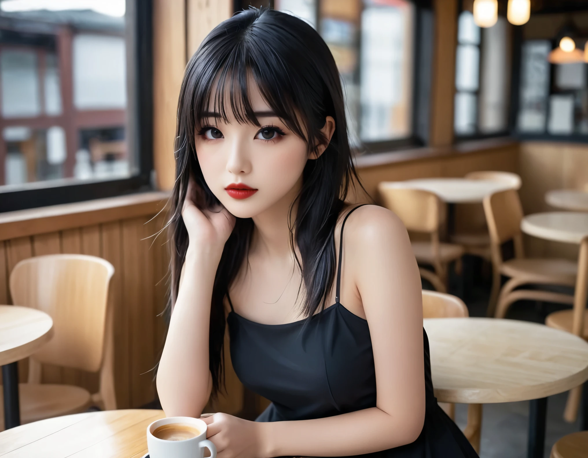 a girl，cute and pretty face，Long straight black hair，Long bangs covering eyes，long eyelashes，(Fine eyes)，small eyes，(half-closed eyes)，(Dark lipstick)，(Dark eyeshadow)，Slim body，Large breasts，Slender limbs，spaghetti strap dress，outnside an old coffee shop，clean focus，shallow Depth of Field，Ultra-detailed faces，very beautiful face，Extremely high texture skin，Look to viewer，beautiful legs，seductive，femainine pose，(realistic ，realistic-photo，RAW photo，8K original)，lens flare，film grain，artistic photography，UHD，highres，masterpiece，retina，