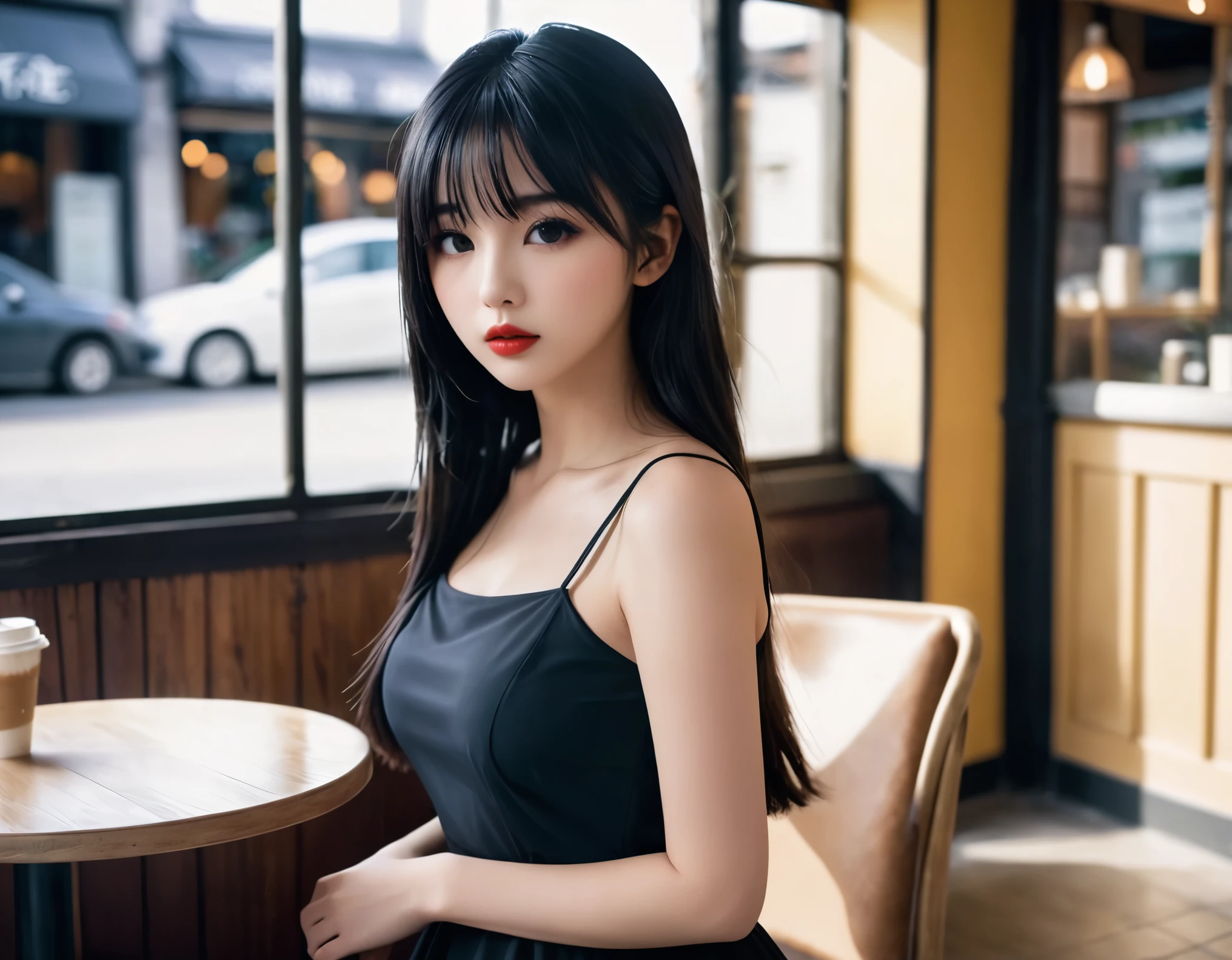 a girl，cute and pretty face，Long straight black hair，Long bangs covering eyes，long eyelashes，(Fine eyes)，small eyes，(half-closed eyes)，(Dark lipstick)，(Dark eyeshadow)，Slim body，Large breasts，Slender limbs，spaghetti strap dress，outnside an old coffee shop，clean focus，shallow Depth of Field，Ultra-detailed faces，very beautiful face，Extremely high texture skin，Look to viewer，beautiful legs，seductive，femainine pose，(realistic ，realistic-photo，RAW photo，8K original)，lens flare，film grain，artistic photography，UHD，highres，masterpiece，retina，