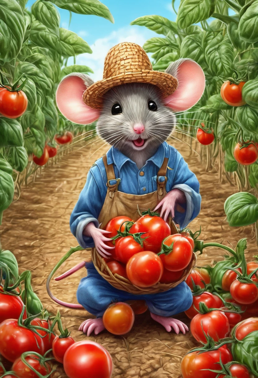 **funny cartoon on bg smooth paper, thinner pencil drawn lines, short sharp focus, vanishing point, 8K UHD, vignetting, colored funny artistic creature, cute mouse dressed as a farmer with palm hat, sitting cartoon facing very red red tomatoes, by Robert Richenburg, process art, hyper detailed illustration, full body closeup, illustration, trending on artstation, sharp focus, studio shot, intricate details, highly detailed, by greg rutkowski**