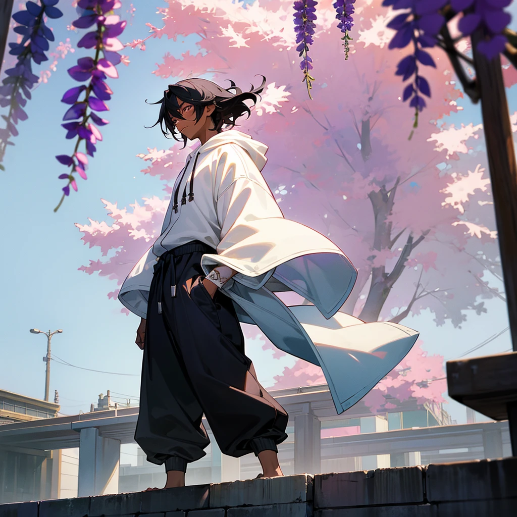 1male, young adult, dark skin, finely detailed plum eyes, wild medium hair, two tone hair, black hair color, seashell white hair color, oversized hoodie, baggy pants, standing on building, day time, tokyo streets, e expression, muscular, tattoos, wisteria flowers