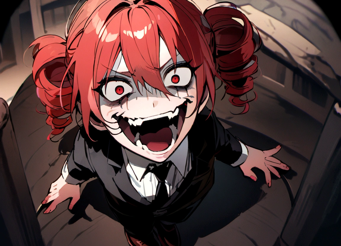 Red hair、Black suit、Black slacks、Wearing leather shoes、Holding a bat、Scary face
