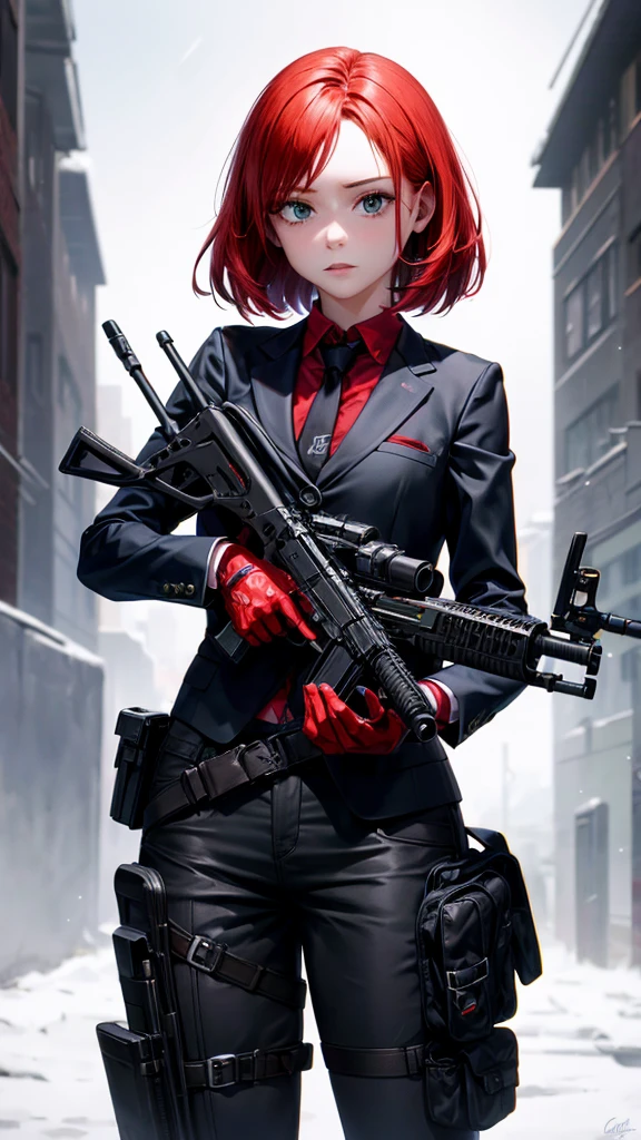 Make a red-haired girl in a black suit standing with an assault rifle