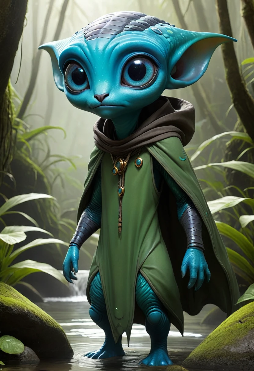 Rovender Kitt is a native of Orbona, an alien world, and he belongs to a species known as the "Hauld." He is distinctly alien in appearance, characterized by his tall and lean frame, which is covered in smooth, greenish-blue skin. His body is agile and built for quick movements, reflecting his adaptability and survival skills. Rovender's head is elongated, with large, expressive eyes that can change color based on his emotions. He has a pair of antennae protruding from his forehead, which enhance his sensory perception and communication abilities. His hands and feet are webbed, aiding in swimming and providing a better grip in various terrains. Rovender often dresses in practical, worn clothing suited for travel and survival, including a long cloak that conceals his features and provides protection from the elements.