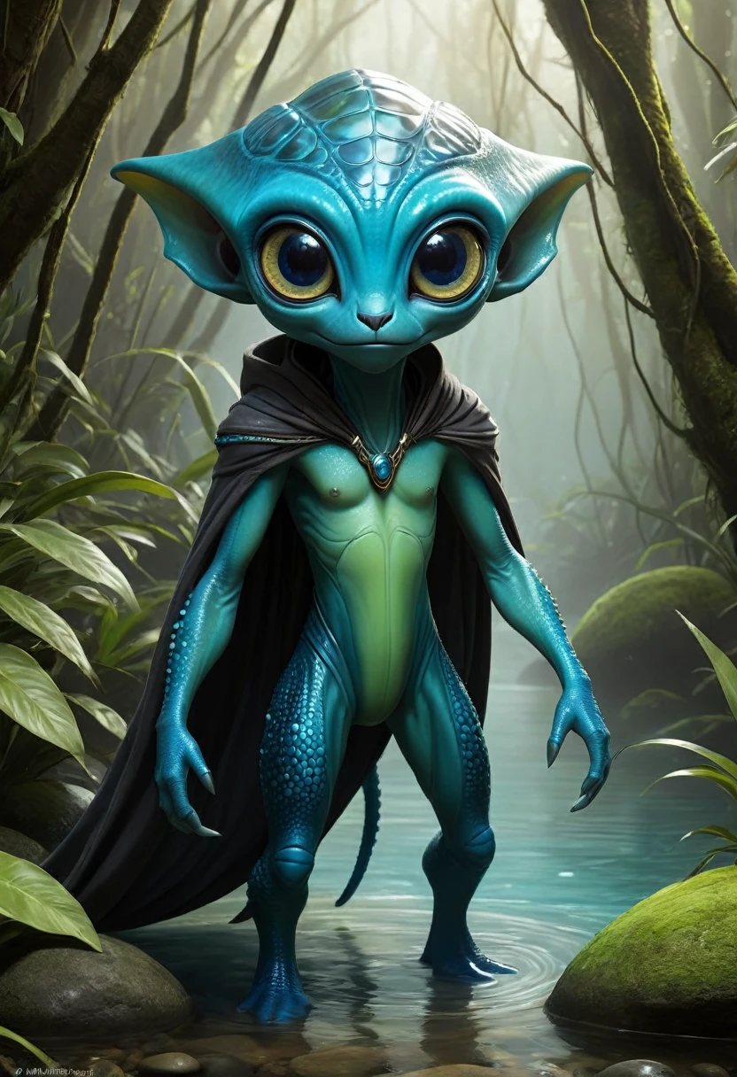 Rovender Kitt is a native of Orbona, an alien world, and he belongs to a species known as the "Hauld." He is distinctly alien in appearance, characterized by his tall and lean frame, which is covered in smooth, greenish-blue skin. His body is agile and built for quick movements, reflecting his adaptability and survival skills. Rovender's head is elongated, with large, expressive eyes that can change color based on his emotions. He has a pair of antennae protruding from his forehead, which enhance his sensory perception and communication abilities. His hands and feet are webbed, aiding in swimming and providing a better grip in various terrains. Rovender often dresses in practical, worn clothing suited for travel and survival, including a long cloak that conceals his features and provides protection from the elements.