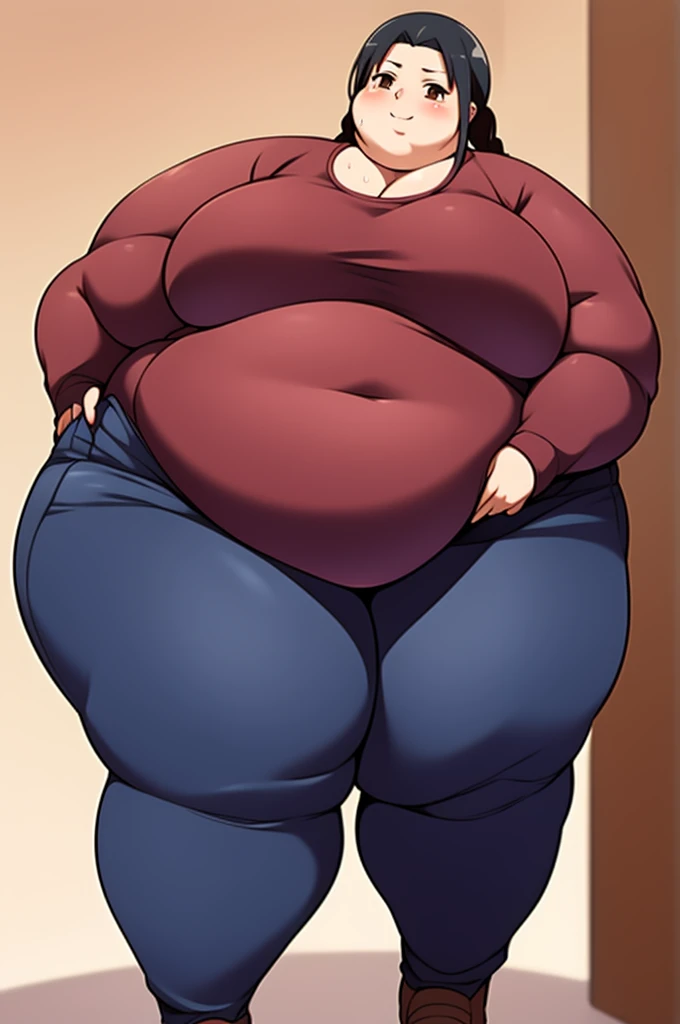 Anime Women, Lady、Black Hair, Forehead、Long braids down to the waist、Glasses、Brown eyes、Are fat、Chubby、Voluptuous、obesity、Double chin、Cheek、Fat-covered neck、Big Breasts、Thick upper arms、tall、Unitard、tights、Gloss、Sweat、blush