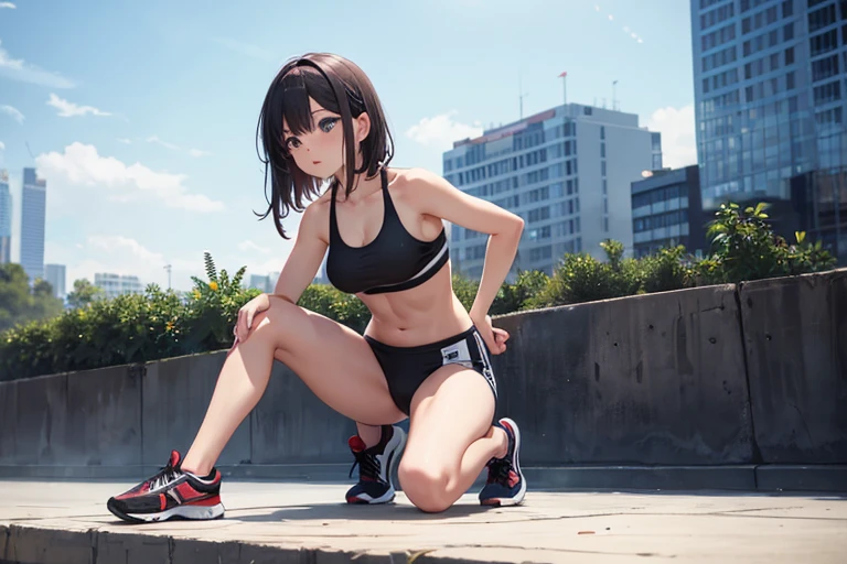 Open clothes+sports bra, Full Body Shot.,On my knees