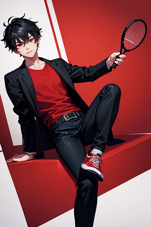 Handsome 16-year-old boy with black hair, Latin skin, red eyes, red shirt with an open black jacket, black belt, black jeans, red tennis shoes with white