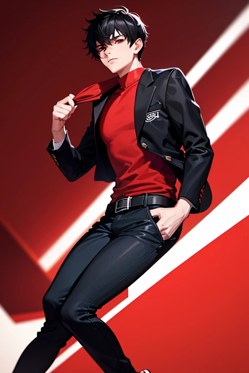 Handsome 16-year-old boy with black hair, Latin skin, red eyes, red shirt with an open black jacket, black belt, black jeans, red tennis shoes with white