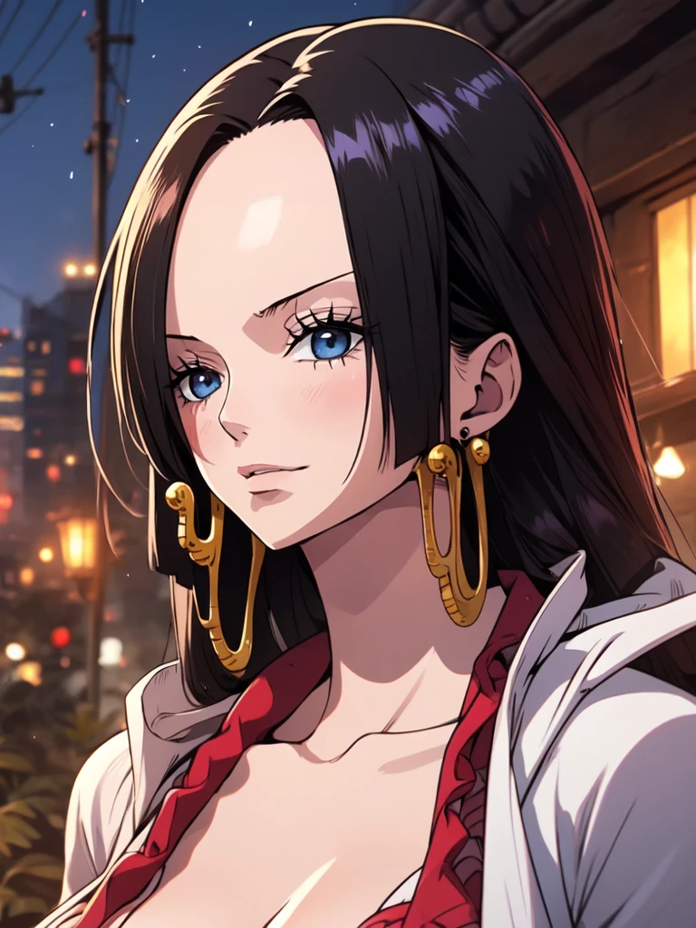 Masterpiece, Boa Hancock from One Piece, detailed face, beautiful blue eyes, small smile, wears earrings; big breasts, cleavage, loose and stylized hair, long beautiful hair, wears Boa Hancock earrings, (wears a red dress), (wears a white cape), has cleavage, bare abdomen, battle pose. The art style should resemble a captivating anime style. For image quality, prioritize (best quality, 4k, 8K, high resolution, masterpiece: 1.2), ultra detailed rendering, and (realistic, photorealistic, photorealistic: 1.37). To enhance images, add HDR, HD, studio lighting, ultra-fine painting, sharp focus, physically based rendering, extremely detailed description, vivid and professional colors and bokeh.