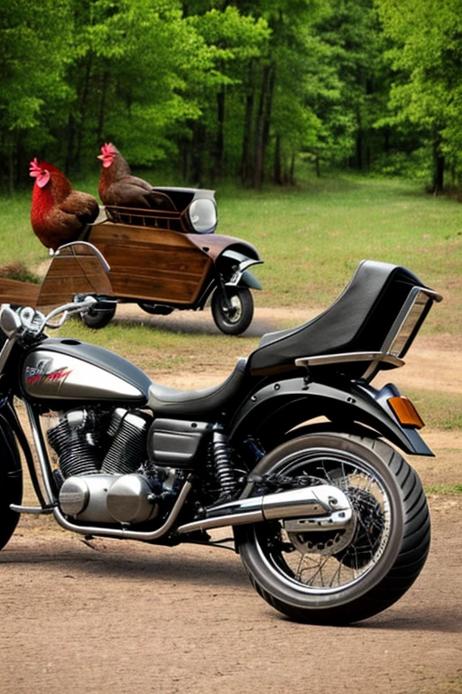 Two chickens rising motorcycle