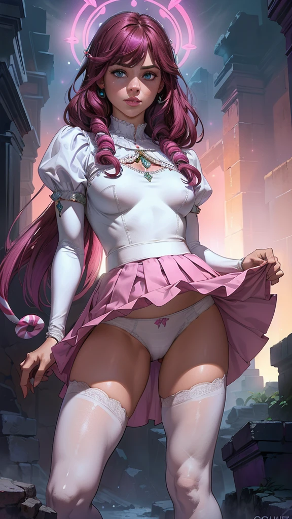 (La mejor calidad,A high resolution,Ultra - detallado,actual),Selena Gómez She looks mostly the same as her game counterpart. However, she now has mint-blue eyes, her gloves are now white,( and the flounces on her dress are lighter with a shine while the skirt is darker:1.4) . (She also has light pink and white tights that resemble candy canes and dark purplish-pink Mary Jane flats:1.4) . SPARKLE; Glitter, (skirt lifted by itself: 1.1), (skirt lift: 1.3), (showing white panties: 1.3), More detailed 8K.motor irreal:1.4,UHD,La mejor calidad:1.4, fotorrealista:1.4, textura de la piel:1.4, obra maestra:1.8,obra-prima, mejor calidad,objeto Objeto], (detailed face features:1.3),(Las proporciones correctas),(Ojos hermosos azules),  (pose vaquero), ,(Fondo de ruinas de mazmorra en ruinas:1.4 ), (skirt lifted by itself: 1.1), (skirt lift: 1.3), (showing white panties: 1.3),( iluminación cinematográfica :1.4), (colores brillantes), (Selena Gómez :1.4),( Selena Gómez V2.1), (dedos perfecto :1.4), (anatomía perfecta :1.4) 