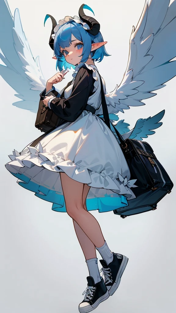 full-length girl, lamb ears and horns, sweater, shorts, Converse sneakers, bag, pretty face, adopt, osAdopt, angel girl, elf ears, long maid dress, lots of bows and ruffles, big wings, short blue hair,