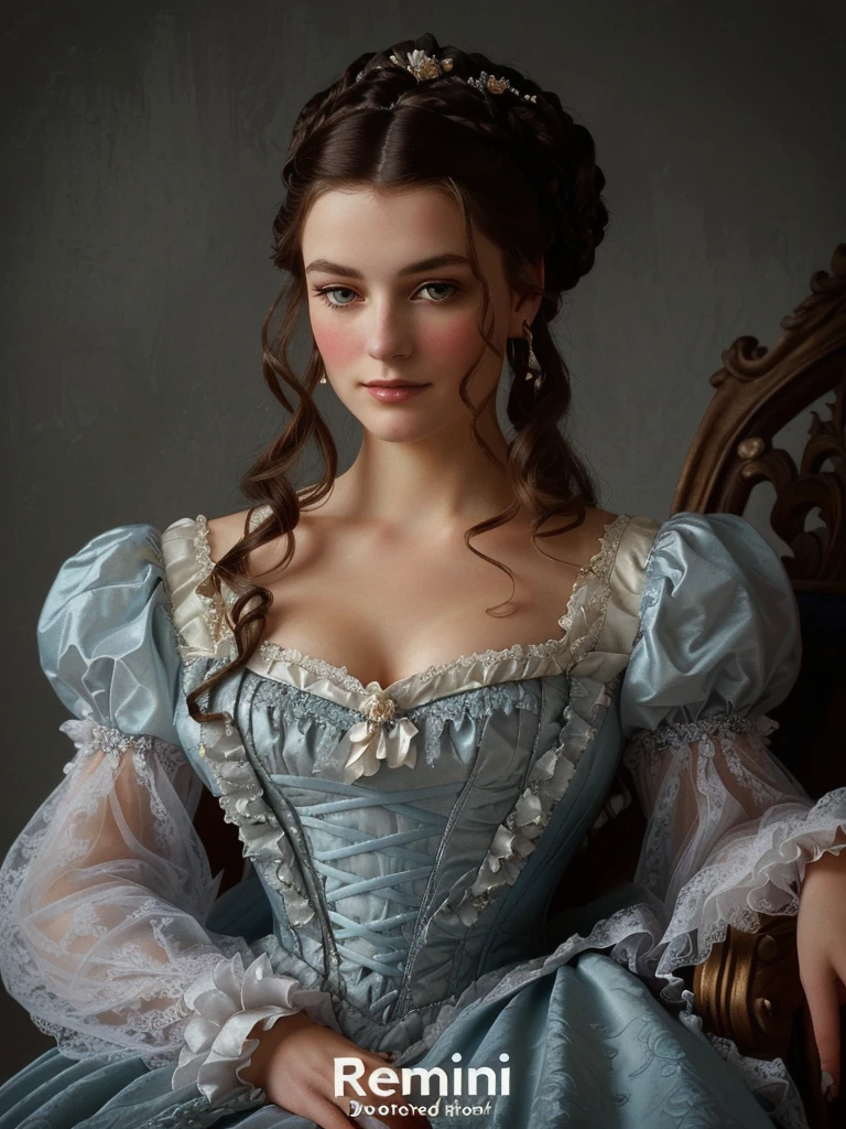 a close up of a woman in a dress sitting on a chair, dress in the style of rococo, rococo queen, gorgeous woman, beautiful maiden, rococo style portrait, victorian style costume, a beautiful victorian woman, intricate victorian dress, in a high renaissance style, elegant corset, victorian dress, beautiful fantasy maiden, alluring mesmer woman, victorian lady