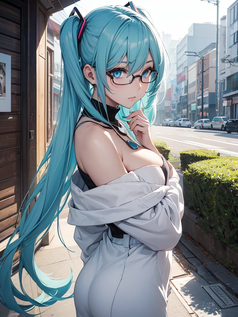 Hot Hatsune Miku Extraordinary Beauty、standing alone, huge ass , gazing at viewer, bared shoulders, clear and bright blue eyes, gem, whole body, necklase, Off The Shoulder, black sweater, realisitic, Sexy 8k、wearing glasses、Cheek Glow、Small face beauty、pfotorealistic, Highresolution, 1 woman, white-haired, Korean, heterochromia eyes, Small moles under the eyes,outdoor