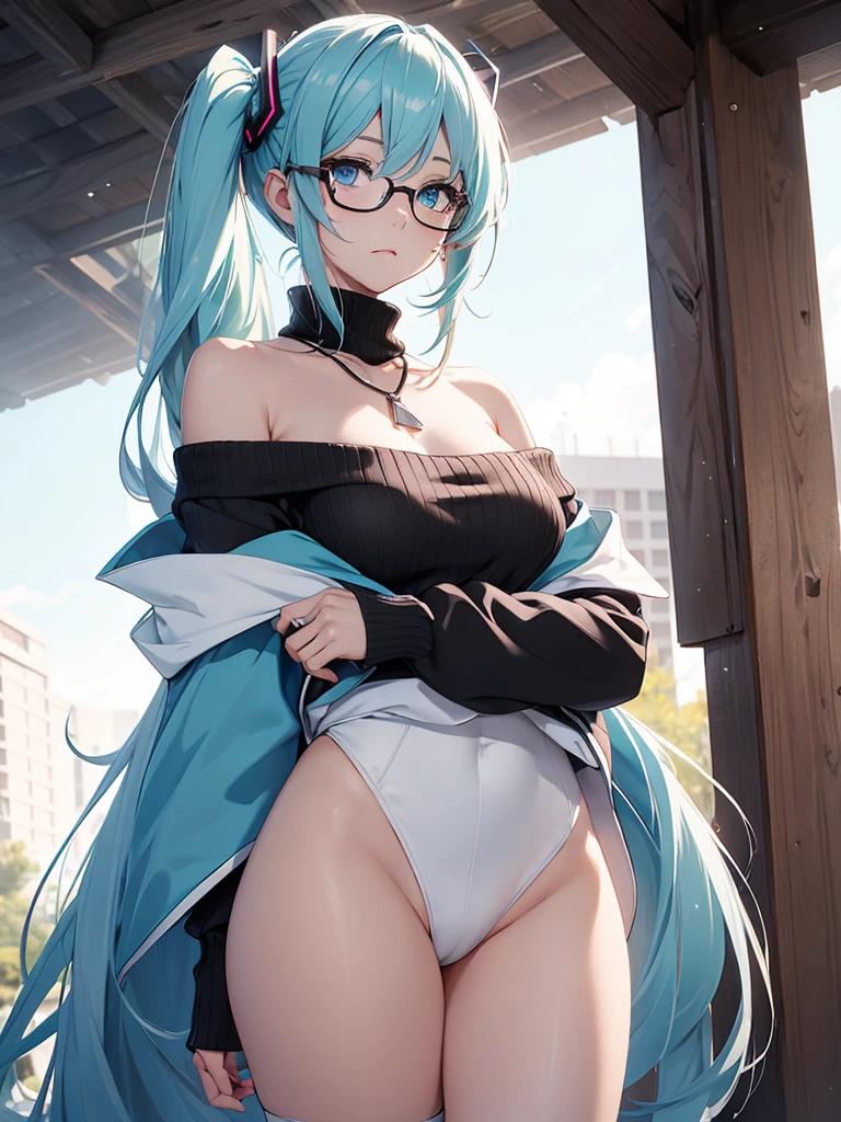 Hot Hatsune Miku Extraordinary Beauty、standing alone, huge ass , gazing at viewer, bared shoulders, clear and bright blue eyes, gem, whole body, necklase, Off The Shoulder, black sweater, realisitic, Sexy 8k、wearing glasses、Cheek Glow、Small face beauty、pfotorealistic, Highresolution, 1 woman, white-haired, Korean, heterochromia eyes, Small moles under the eyes,outdoor