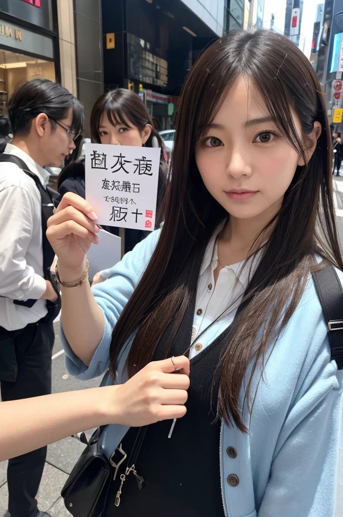 photograph、Ultra-realistic、Ultra-precision、On the street in front of Isetan in Shinjuku, Japan、Chinese celebrity woman 30 years old、From the taxi window with a blank look on his face〜Throw away six pieces of paper、Annoying passersby、Japanese high school girl pointing and protesting