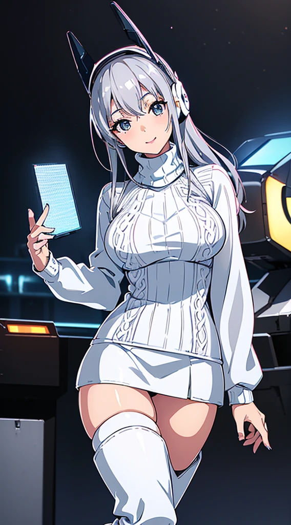 smile、((8K)), ((32k)), ((Highest quality)), ((masterpiece)), ((超A high resolution)), ((Tmasterpiece)), ((Halation:1.4))、((White mechanical headgear:1.3))、((White mecha cyber headphones:1.3))、Fine skin, High quality fabric, ((Beautiful and dense face))、RAW Photos、Professional, Ultra-fine painting, ((alone)), Beautiful breasts、Highest quality, Very detailed, Very detailed詳細, Finer details, so beautiful, Full body description、on a futuristic street、White thigh-high boots、(Woman wearing a black leather miniskirt:1.8)、(Wearing a white knitted turtleneck sweater:1.8)、 take a walk、Beautiful l(Machine Eyes:1.3)、drooping eyes: 1.3,, (In 8K) , masterpiece, (No retouching, Lip gloss, False eyelashes, Real Skin, Highest quality, 超A high resolution, Depth of written boundary, chromatic aberration, Caustics, Wide Lighting, Natural Shading))、Korean Idol、Asian woman smiling at camera,、Young and cute gravure idol, Young and skinny gravure idol, Realistic Young Gravure Idol, Young Gravure Idol, Japanese Model, Shot with Canon EOA 6D Mark II, Shot with Canon EOS 5D Mark IV, Young Gravure Idol、(White thigh-high boots:1.5)、(Long silver hair:1.1), cowboy_shot, Side Focus, Shiny、Concept Art, Anime fantasy artwork, (((Long silver hair))), 8K high quality, detailed art, In 8Kのキャラクターアートの3Dレンダリング, neat legs, Defined, Defined fingers,