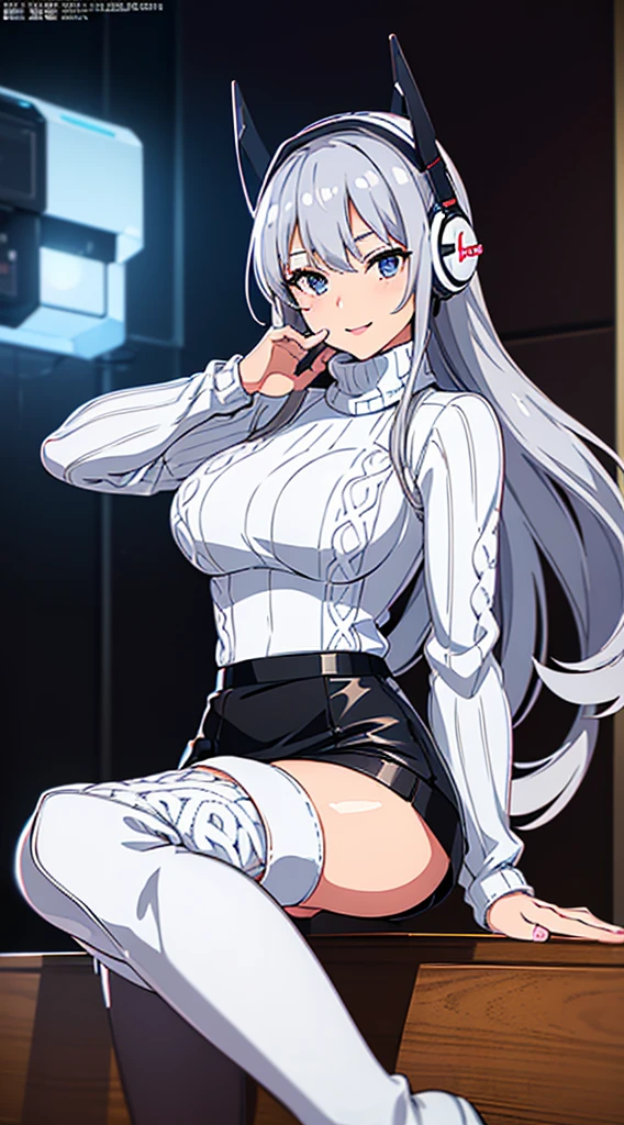 smile、((8K)), ((32k)), ((Highest quality)), ((masterpiece)), ((超A high resolution)), ((Tmasterpiece)), ((Halation:1.4))、((White mechanical headgear:1.3))、((White mecha cyber headphones:1.3))、Fine skin, High quality fabric, ((Beautiful and dense face))、RAW Photos、Professional, Ultra-fine painting, ((alone)), Beautiful breasts、Highest quality, Very detailed, Very detailed詳細, Finer details, so beautiful, Full body description、on a futuristic street、White thigh-high boots、(Woman wearing a black leather miniskirt:1.8)、(Wearing a white knitted turtleneck sweater:1.8)、 take a walk、Beautiful legs、(Machine Eyes:1.3)、drooping eyes: 1.3,, (In 8K) , masterpiece, (No retouching, Lip gloss, False eyelashes, Real Skin, Highest quality, 超A high resolution, Depth of written boundary, chromatic aberration, Caustics, Wide Lighting, Natural Shading))、Korean Idol、Asian woman smiling at camera,、Young and cute gravure idol, Young and skinny gravure idol, Realistic Young Gravure Idol, Young Gravure Idol, Japanese Model, Shot with Canon EOA 6D Mark II, Shot with Canon EOS 5D Mark IV, Young Gravure Idol、(White thigh-high boots:1.5)、(Long silver hair:1.1), cowboy_shot, Side Focus, Shiny、Concept Art, Anime fantasy artwork, (((Long silver hair))), 8K high quality, detailed art, In 8Kのキャラクターアートの3Dレンダリング, neat legs, Defined, Defined fingers,