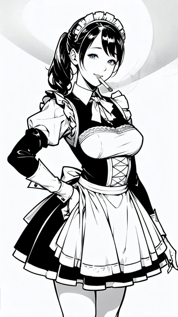 (masterpiece:1.2, Highest quality),(Line art),(Monochrome),(Very detailed),8K,wallpaper,1 female,Cute face,smile,((Maid in a maid café)),((betterhand)),Random hairstyle,Random pose,Beautiful female hands,((lineart, monochrome)),BREAK(((maid cafe))),(((small cigarette to mouth))),((a girl in gothic costume standing))