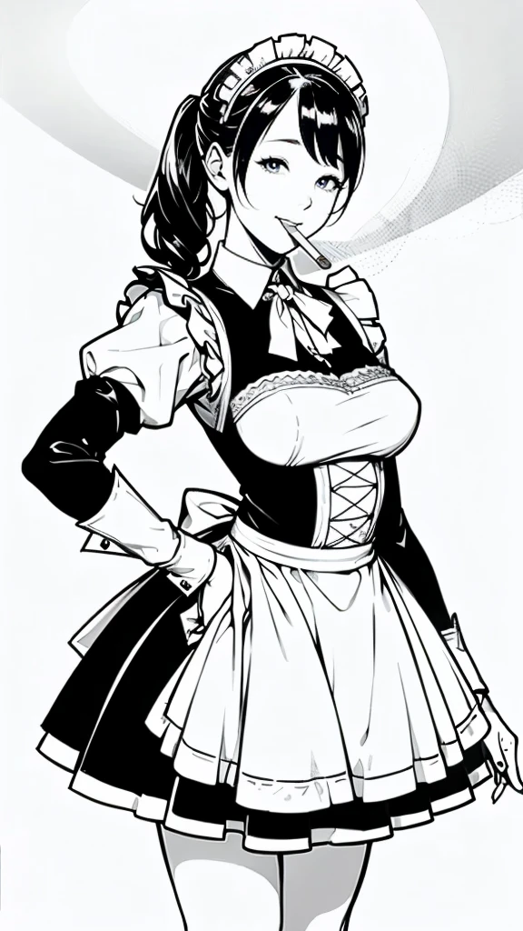 (masterpiece:1.2, Highest quality),(Line art),(Monochrome),(Very detailed),8K,wallpaper,1 female,Cute face,smile,((Maid in a maid café)),((betterhand)),Random hairstyle,Random pose,Beautiful female hands,((lineart, monochrome)),BREAK(((maid cafe))),(((small cigarette to mouth))),((a girl in gothic costume standing))