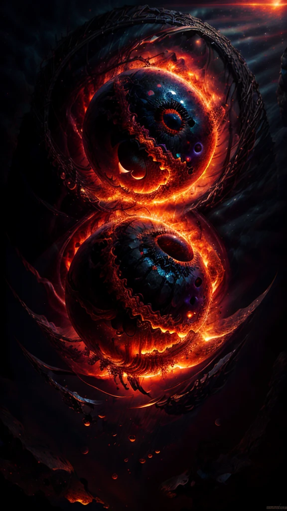 40 year old latina, Adult film Actress Daisy Marie, 34dd's, excessive visible cleavage, arafed, high details, best quality, 16k, [ultra detailed], masterpiece, best quality, (extremely detailed), dynamic angle, ultra wide shot, RAW, photorealistic, a extreme magnified picture of (1) fiery eye of a black devil, red iris, a full black moon, round moon being reflected on the iris, 3D rendering, [[anatomically correct]] zrpgstyle