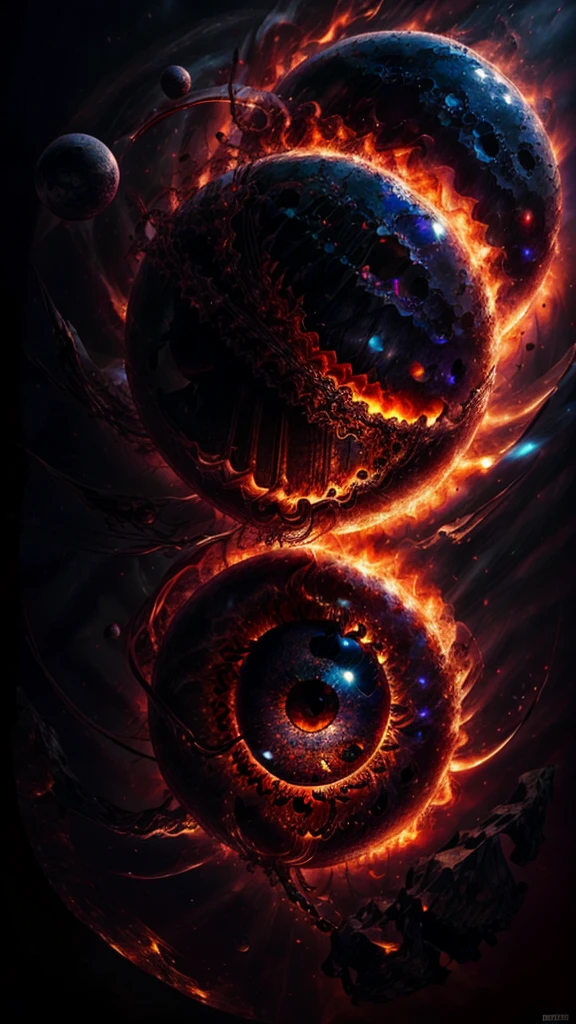 40 year old latina, Adult film Actress Daisy Marie, 34dd's, excessive visible cleavage, arafed, high details, best quality, 16k, [ultra detailed], masterpiece, best quality, (extremely detailed), dynamic angle, ultra wide shot, RAW, photorealistic, a extreme magnified picture of (1) fiery eye of a black devil, red iris, a full black moon, round moon being reflected on the iris, 3D rendering, [[anatomically correct]] zrpgstyle