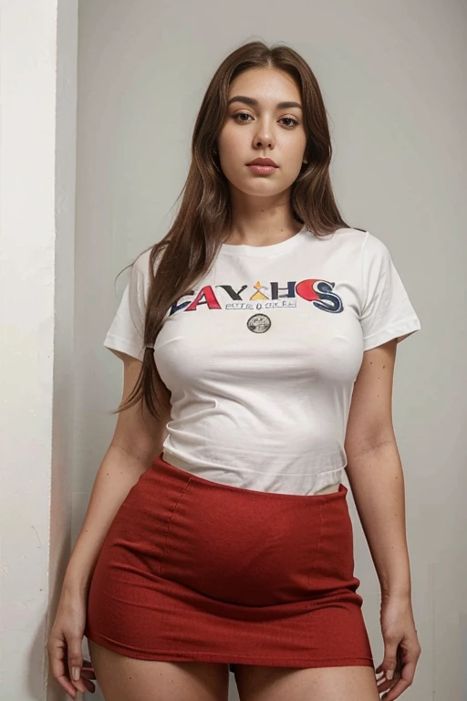 Photo of a 20 year old brunette woman. face facing the camera. ((The body is visible all the way up to the thighs)). (front look. Real life big mom. Stand straight facing the camera), head straight. looking at the camera. (full visible up to your thighs). que tiene una cara muy natural, labios finos, Ojos delgados, cejas finas, nariz delgada, Pendientes, long eyeslashes. (t-shirt and skirt). (very long hair down to the thighs). Perfect breast. Ponytail. Pregnant.