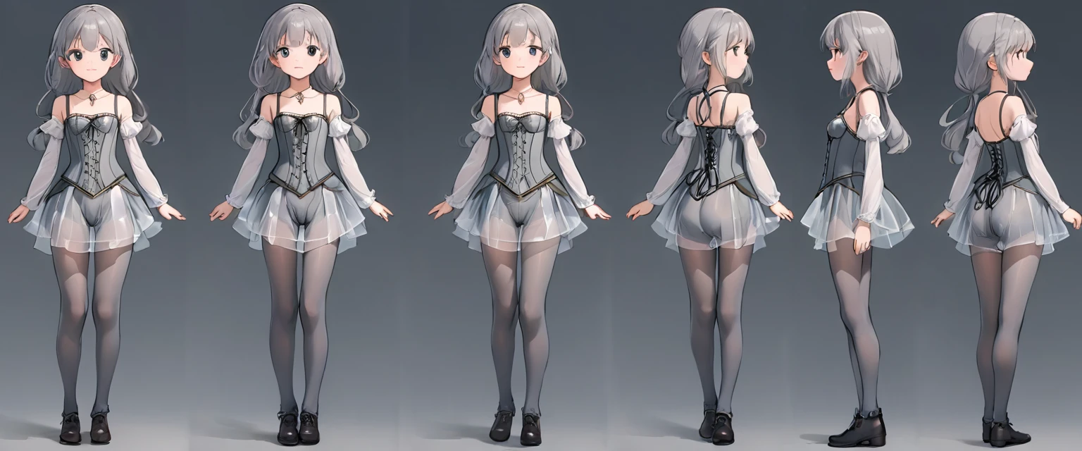 8  medieval girl, underwear姿、Translucent knee-length drawers（underwear）Wearing、Wearing a semi-transparent corset、Translucent slip, Grey translucent tights