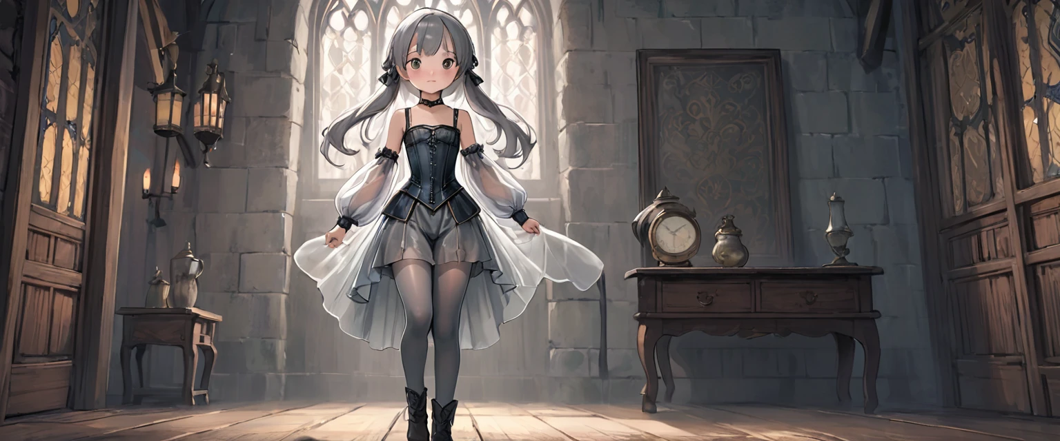 8  medieval girl, underwear姿、Translucent knee-length drawers（underwear）Wearing、Wearing a semi-transparent corset、Translucent slip, Grey translucent tights