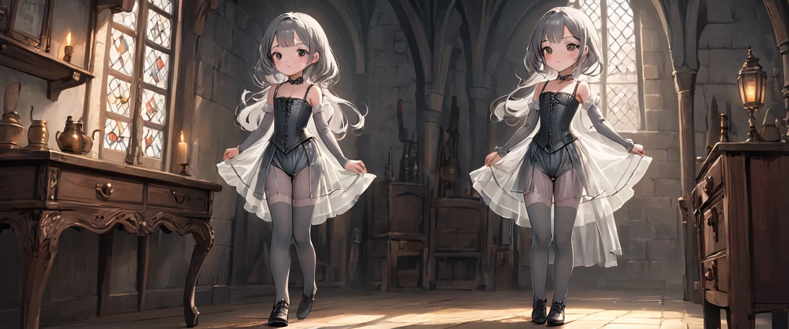 8 ******** medieval girl, In underwear、Knee-length semi-transparent bloomers（Drawers）Wearing、Wearing a semi-transparent corset、Translucent slip, Grey translucent tights