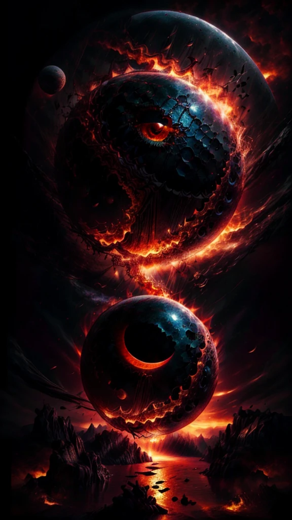arafed, high details, best quality, 16k, [ultra detailed], masterpiece, best quality, (extremely detailed), dynamic angle, ultra wide shot, RAW, photorealistic, a extreme magnified picture of (1) fiery eye of a black devil, red iris, a full black moon, round moon being reflected on the iris, 3D rendering, [[anatomically correct]] zrpgstyle