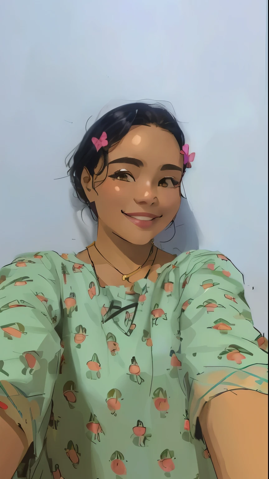 A 20 years cute girl, she smiling and taking selfie ,same pose, comic charector, sharp drawing, 2D sketch, 2D drawing