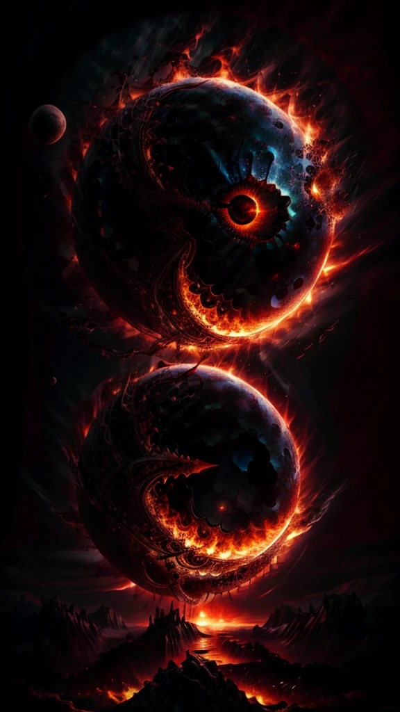 arafed, high details, best quality, 16k, [ultra detailed], masterpiece, best quality, (extremely detailed), dynamic angle, ultra wide shot, RAW, photorealistic, a extreme magnified picture of (1) fiery eye of a black devil, red iris, a full black moon, round moon being reflected on the iris, 3D rendering, [[anatomically correct]] zrpgstyle