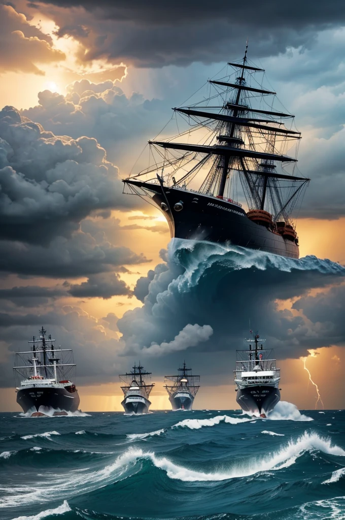 Create an image of ships being attacked by storms