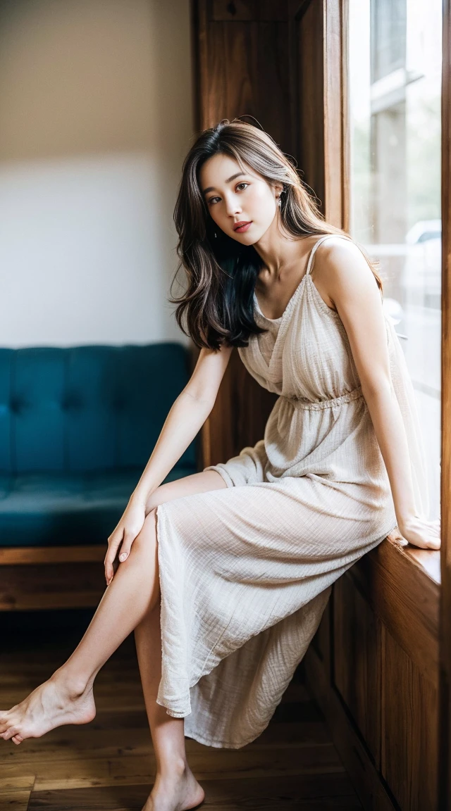 Dark brown hair、Light brown eyes、Japanese actress、 Lady、I am about 40 years old..、(Intricate details:1.2)、(Which one is on top??:1.4)、 (Ultra-high resolution:1.2)、Ultra-high resolution、(Finely tuned)、(Detailed facial features)、Hmph、8K resolution、D cup size breasts、Long Hair、Large windows、Extravagant space、relax、、,Full body photo、Head to toe shot、Beautiful legs、Camisole dress、Beautiful legs、A refreshing room filled with sunlight、she, household items, (plant:0.8), Fashion Hub, Extreme Detail, Very detailed, Realistic, Hourglass-shaped body, Obscene pose,、、私 cry a lot、tears、person on the left、White wall、White floor、diagonally from below、Please lift your chin、テーブルの上にsit、relaxした表情、Pose of Weakness、(auraroid photo:1.2)、From outside the window、Transparent Painting、8K、32k、Highest quality、(Details of both eyes)、1 Girl、elegant、(Loose dress :1.4)、sunset、sit、(Low Angle、From what angle do you see this?:1.2)、Hilarious、Leaning against a wall、