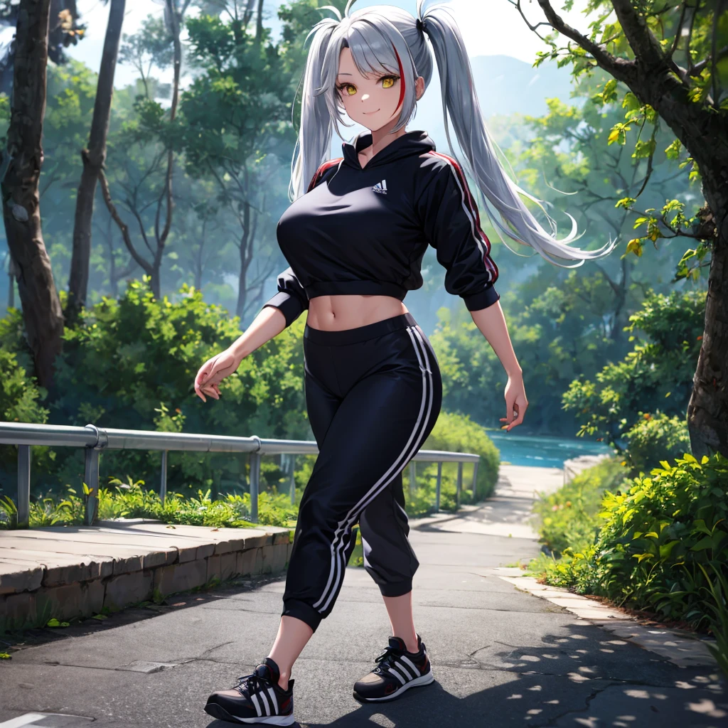 A woman wearing a black adidas sweatshirt, black adidas track pants, sports shoes, silver hair, pigtails, red bangs, multi-colored hair,a red fringe on the front of the hair, yellow eyes, smiling, big breasts walking on a sidewalk in a forest park at night, with illuminated location overlooking a lake on site, close view, UHD, prime work, accurate, anatomically correct, textured skin, super details, high quality, best quality, 8k, high resolution, bokeh effect. (woman alone)
