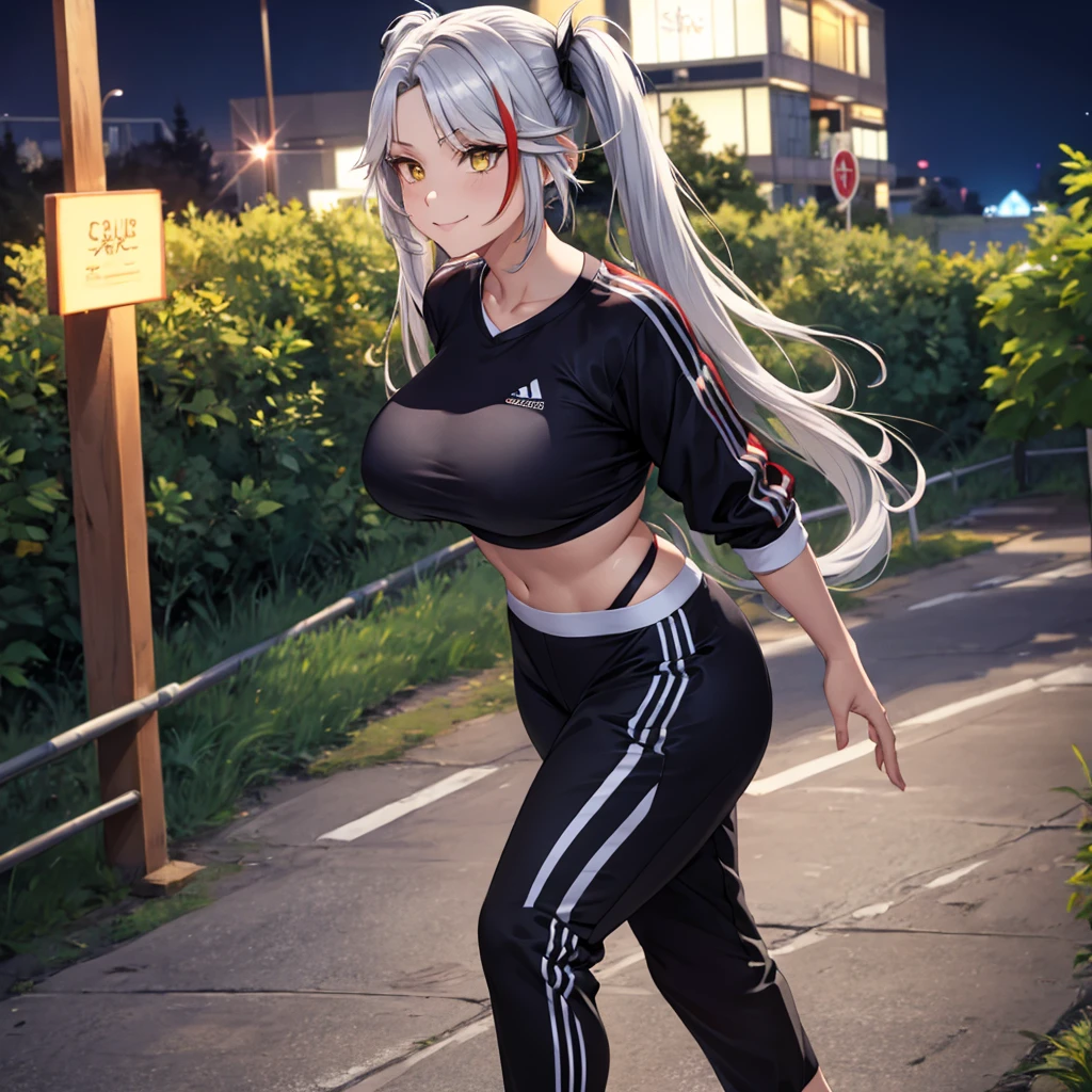 A woman wearing a black adidas sweatshirt, black adidas track pants, sports shoes, silver hair, pigtails, red bangs, multi-colored hair,a red fringe on the front of the hair, yellow eyes, smiling, big breasts walking on a sidewalk in a forest park at night, with illuminated location overlooking a lake on site, close view, UHD, prime work, accurate, anatomically correct, textured skin, super details, high quality, best quality, 8k, high resolution, bokeh effect. (woman alone)
