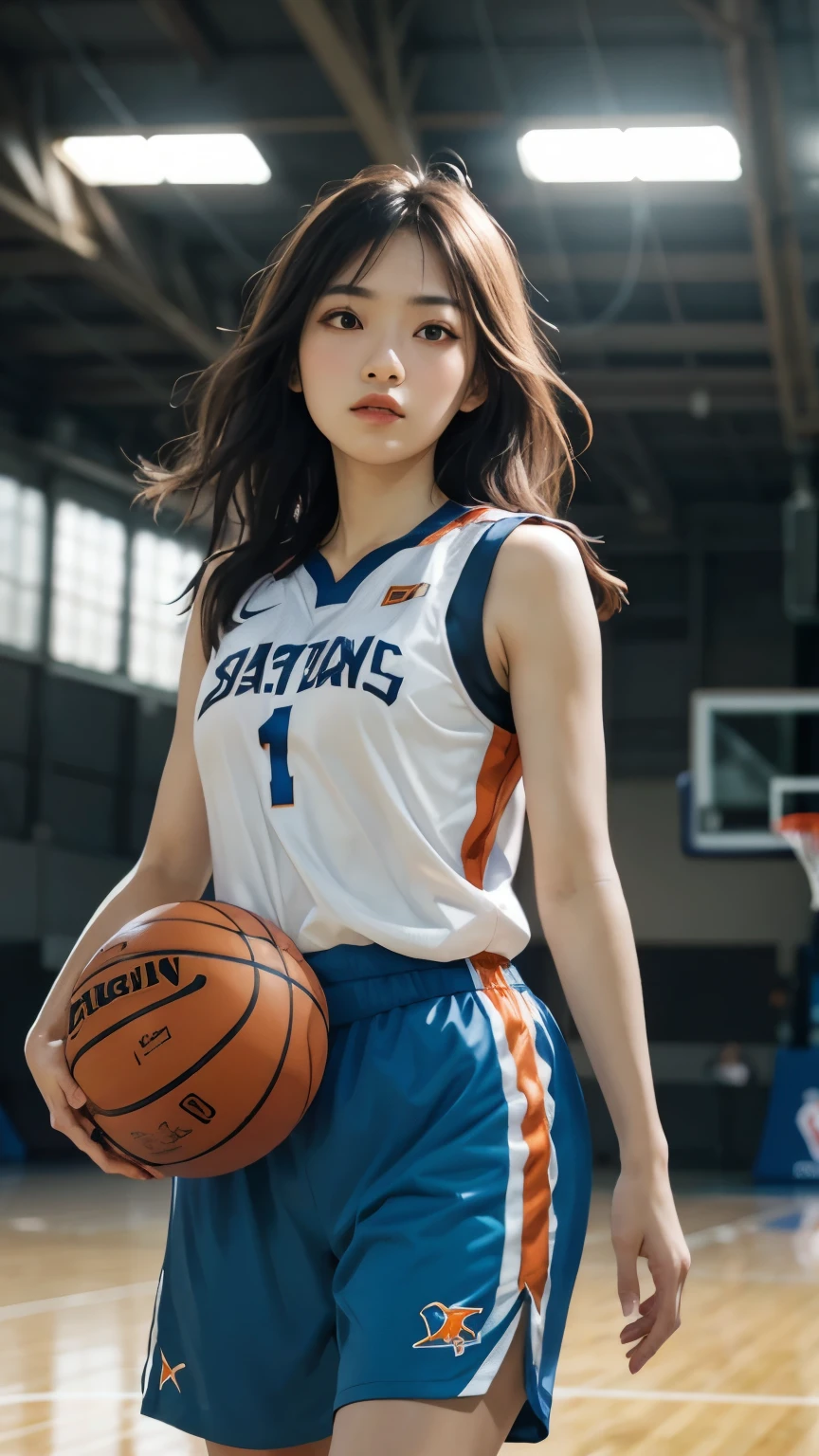 Best Quality, Masterpiece: 1.3, 8k, Realistic, Photorealistic: 1.5, Ultra Detailed, Best Quality, Ultra High Resolution, Pose, Thin Waist, Basketball Uniform, Blonde Hair, Messy Hair, Long Hair Flying in the Wind, Professional Lighting, Photon Mapping, Radiosity, Physically Based Rendering, Cinematic Lighting, Basketball Court, Depth of Field, Sharp Focus, Sun Rays, Good Composition, Bokeh: 1.2, 1 Female, Solo, Mouth Closed,