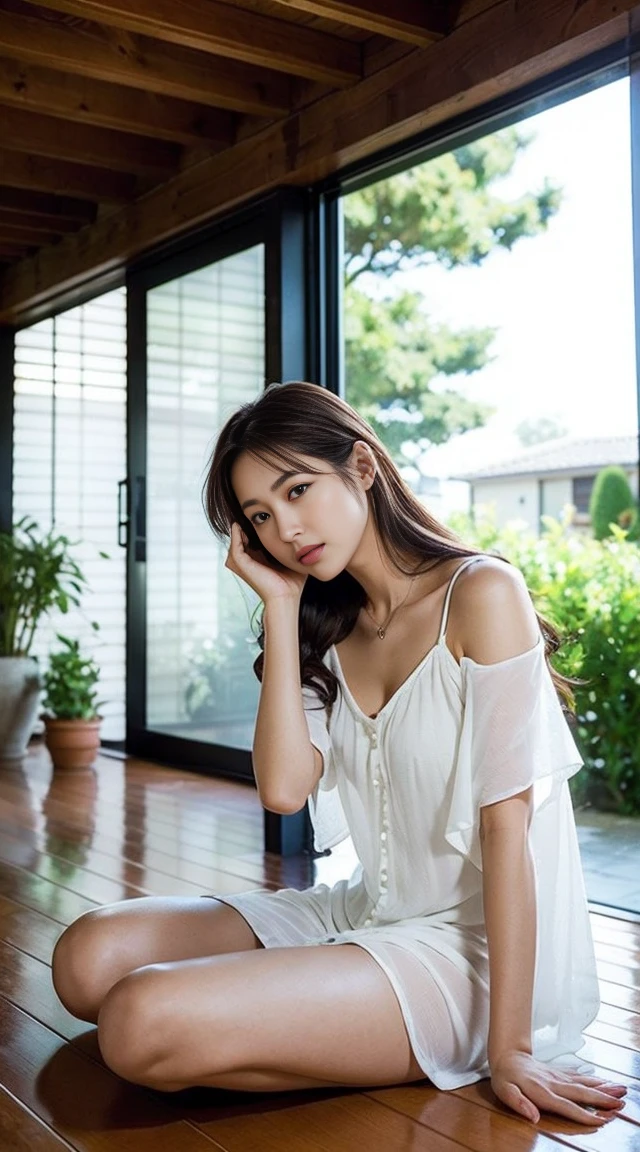 Dark brown hair、Light brown eyes、Japanese actress、 Lady、I am about 40 years old..、(Intricate details:1.2)、(Which one is on top??:1.4)、 (Ultra-high resolution:1.2)、Ultra-high resolution、(Finely tuned)、(Detailed facial features)、Hmph、8K resolution、D cup size breasts、Long Hair、Large windows、Extravagant space、relax、、,Full body photo、Head to toe shot、Beautiful legs、Camisole dress、Beautiful legs、A refreshing room filled with sunlight、she, household items, (plant:0.8), Fashion Hub, Extreme Detail, Very detailed, Realistic, Hourglass-shaped body, Obscene pose,、、私 cry a lot、tears、person on the left、White wall、White floor、diagonally from below、Please lift your chin、テーブルの上にsit、relaxした表情、Pose of Weakness、(auraroid photo:1.2)、From outside the window、Transparent Painting、8K、32k、Highest quality、(Details of both eyes)、1 Girl、elegant、(Loose dress :1.4)、sunset、sit、(Low Angle、From what angle do you see this?:1.2)、Hilarious、Leaning against a wall、