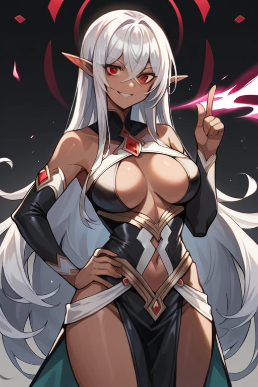 (masterpiece, best quality),dark elf,((dark skin)),long hair（silver hair）,large breasts（slender body）,((put one hand on hips)),hairs between eyes, crossed bangs,ruby red eyes,small eyes,white  Leather light clothing,evil smile,battle aura,Index finger pointing up（fire magic）,