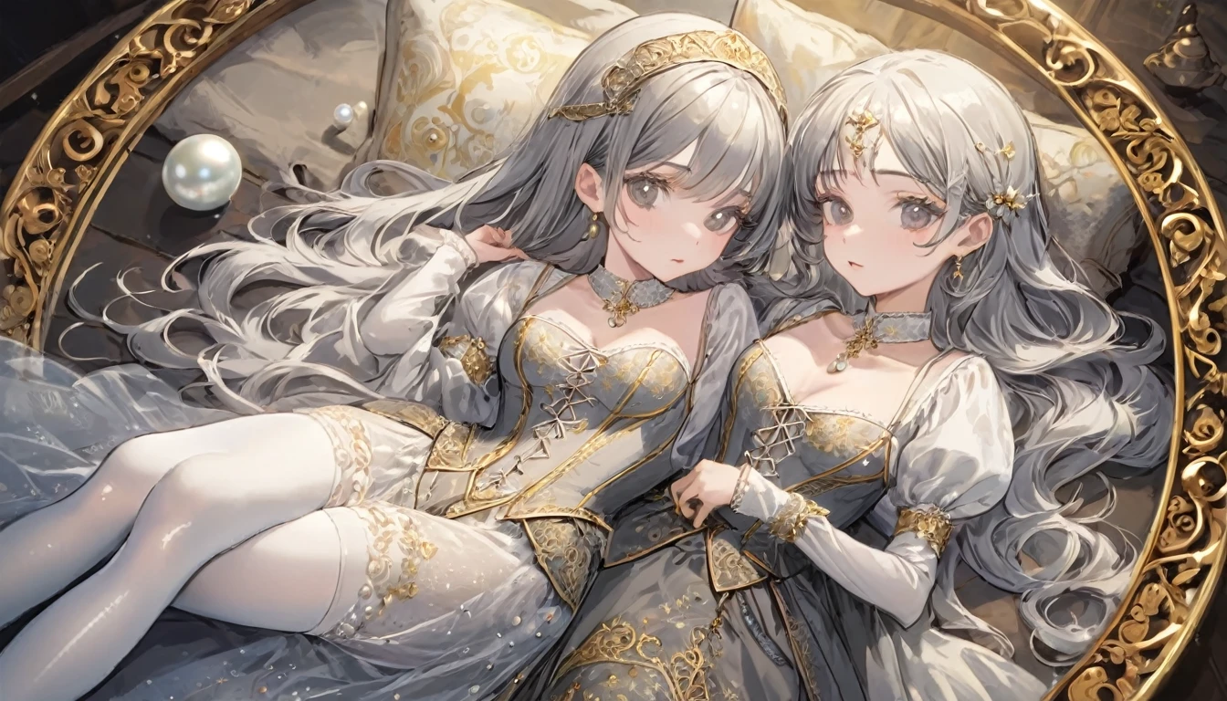 Girls in the Middle Ages、 Gold and silver embroidery、underwear姿、Knee-length semi-transparent drawers（underwear）Wearing、Wearing a semi-transparent corset、 Grey translucent tights、Lying down、White Grey Pearl Medieval Long Dress