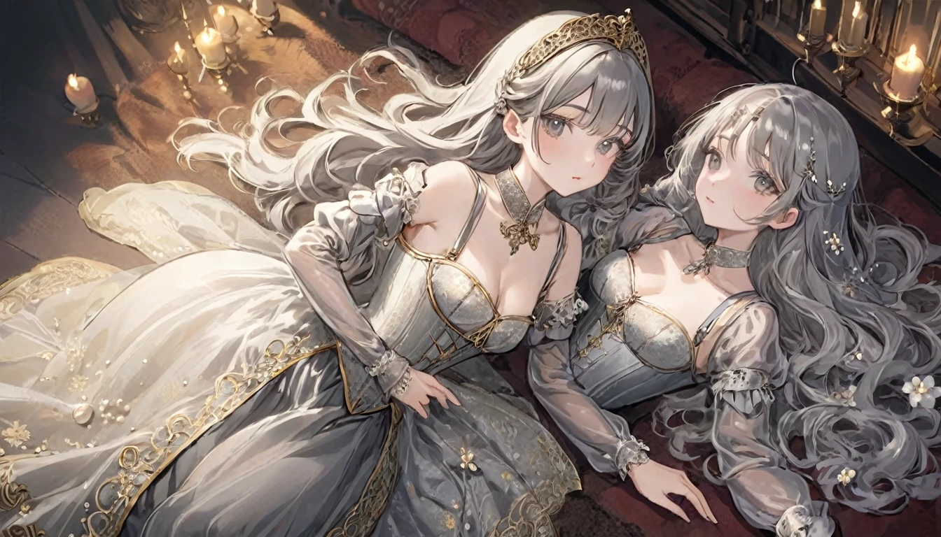 Girls in the Middle Ages、 Gold and silver embroidery、underwear姿、Knee-length semi-transparent drawers(underwear)Wearing、Wearing a semi-transparent corset、 Grey translucent tights、Lying down、White Grey Pearl Medieval Long Dress