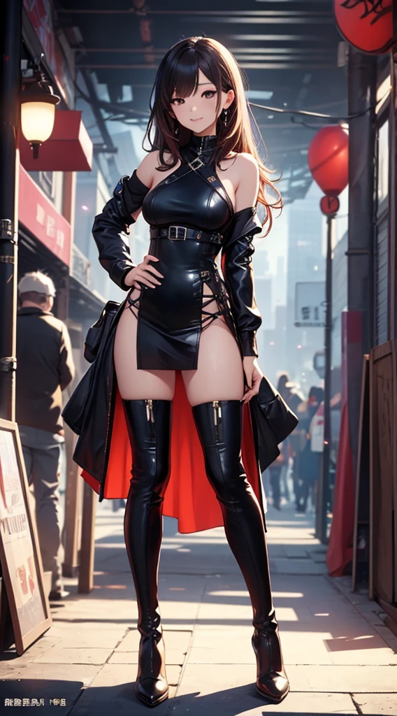 smile、((8K)), ((32k)), ((Highest quality)), ((masterpiece)), ((超A high resolution)), ((Tmasterpiece)), Fine skin, High quality fabric, ((Beautiful and dense face))、RAW Photos、Professional, Ultra-fine painting, ((alone)), Beautiful breasts、Highest quality, Very detailed, Very detailed詳細, Finer details, so beautiful, Full body description、araffe woman in a black dress and thigh high boots, very Sexy Costumes, Sexy Costumes, Knee socks and skirt, high boots, Sexy Looks, Sexy Style, High Fashion Elegant, Tight clothing, Interesting outfits, Expensive costumes, Modern fashion, high heel boots, leather stockings, leather, Beautiful images, boots, Sophisticated clothing, Cyberpunk atmosphere, leather clothing and boots (In 8K) , masterpiece, (No retouching, Lip gloss, False eyelashes, Real Skin, Highest quality, 超A high resolution, Depth of written boundary, chromatic aberration, Caustics, Wide Lighting, Natural Shading))、Korean Idol、Asian woman smiling at camera,、Young and cute gravure idol, Young and skinny gravure idol, Realistic Young Gravure Idol, Young Gravure Idol, Japanese Model, Shot with Canon EOA 6D Mark II, Shot with Canon EOS 5D Mark IV, Young Gravure Idol、cowboy_shot, Side Focus, Shiny、Concept Art, Anime fantasy artwork, (((Long Hair))),  8K high quality, detailed art, In 8Kのキャラクターアートの3Dレンダリング, neat legs, Defined, Defined fingers,
