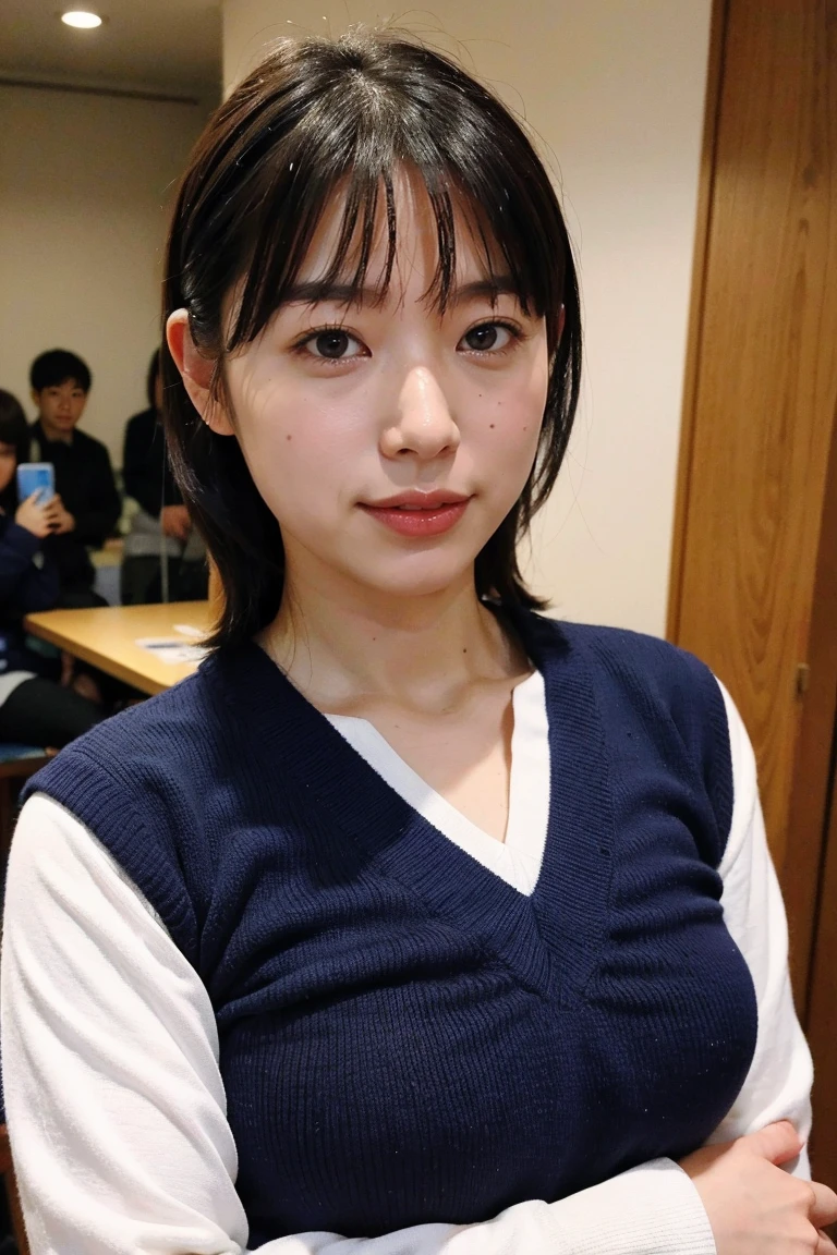 (8K, RAW Photos, Highest quality, masterpiece:1.2), Very detailed, Super Resolution, (Realistic, Realistic Photo:1.37), Portraiture, High-resolution RAW color photos, Professional photos, Very detailedで美新しい, Very detailed, 8K壁紙, Amazing details, Large file size, Official Art, highly detailed CG unity 8K壁紙, Very detailed美少女, Very detailed顔, Very detailed目, Very detailed肌, Very detailed指, Very detailed鼻, Very detailed詳細な口 , Perfect ???????, Very detailed背景, Very detailed衣服, 1 Girl,, 20th generation, Cute girl, Realistic body, small, Fair skin, Glowing Skin , Black Hair , Curly Hair、 smile, Cute face, Realistic face, Delicate eyes, V Neck Knitted Dress, Looking at the audience, Cowboy Shot, Dynamic Lighting, Large Breasts,